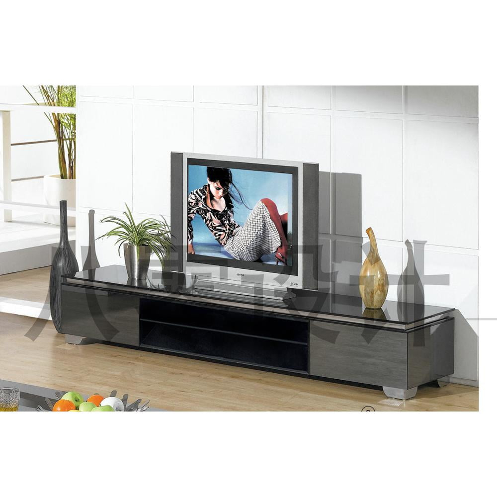 TV Stand with black glass top and gray mirror drawers and shelf