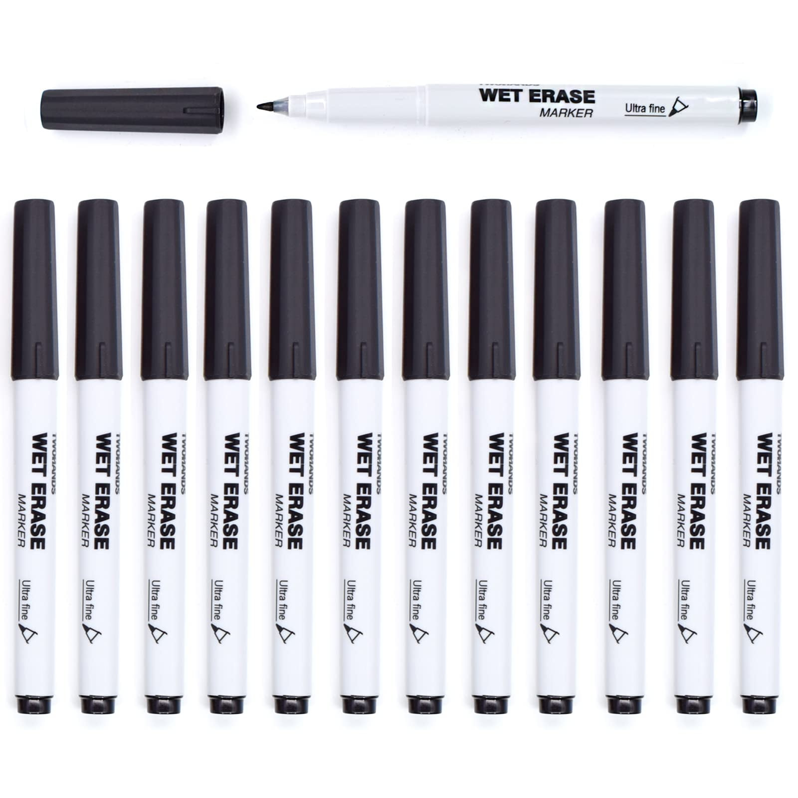 TWOHANDS Wet Erase Markers Ultra Fine Tip,0.7mm,Low Odor,Extra Fine Point,Black,Whiteboard Markers for Office,Home,or Planning Dry Erase Board,20710