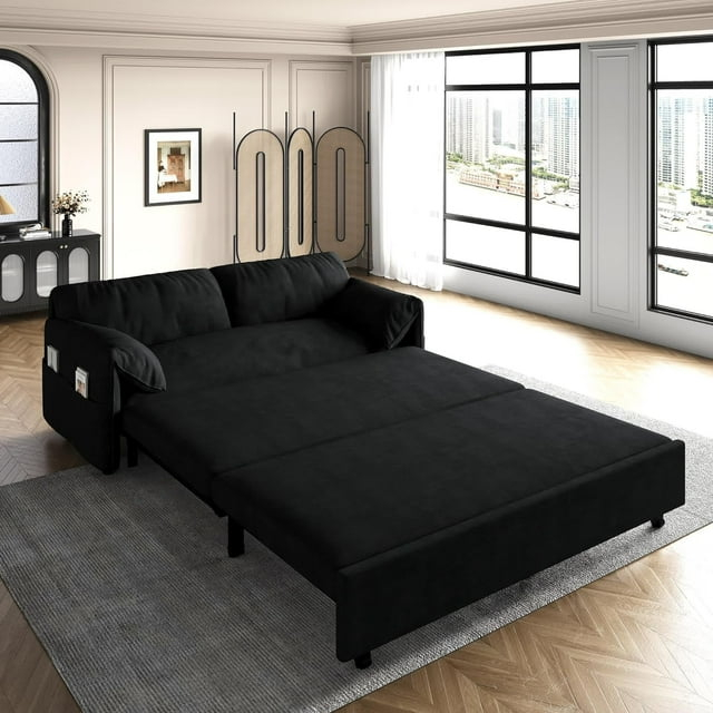 Tabaray 63.8" Futon Sofa Bed Queen Size, Pull Out Bed, 3-in-1 Convertible Sleeper Sofa with Side Pocket, Modern Plush Velvet Futon Couch for Living Room, Small Space, Apartment, Bedroom, Black