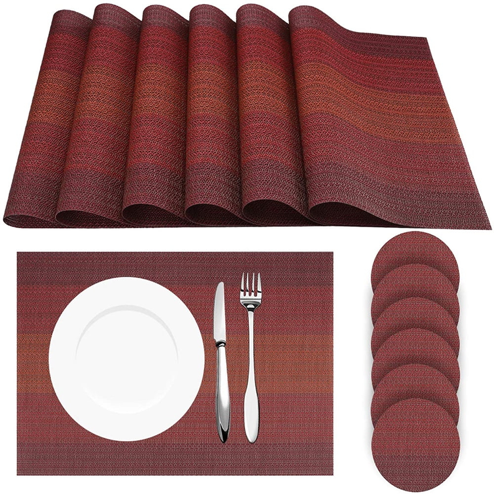 Table Placemats Set of 6 with Coasters Crossweave Woven Vinyl Wipe Clean Heat Resistant Washable Table Mats and Runner Set for Dining Table, Red