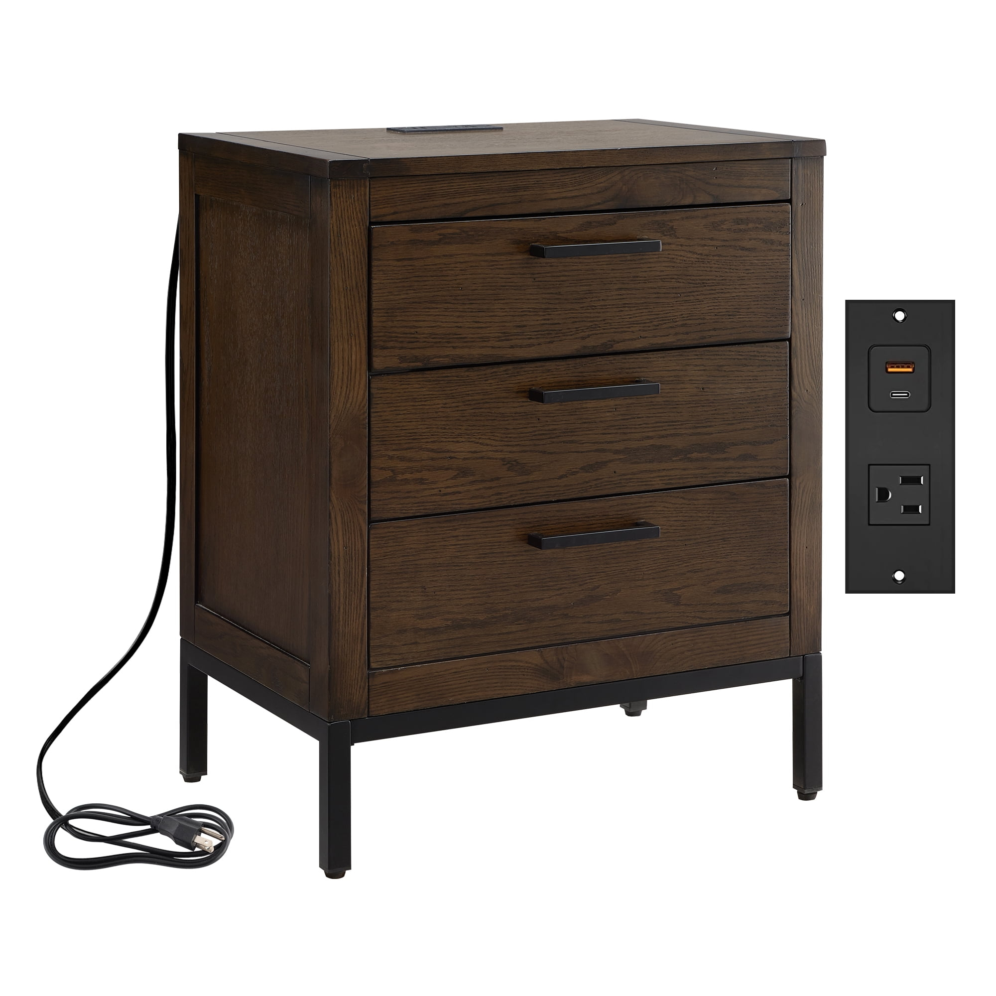 Tableau Nightstand Side Table With Top Drawer and Hidden Lower Cabinet Rustic Modern – USB-C Fast Charging Station, A/C and USB Charging Port Integrated – Durable Solid Wood, Distressed Riverstone