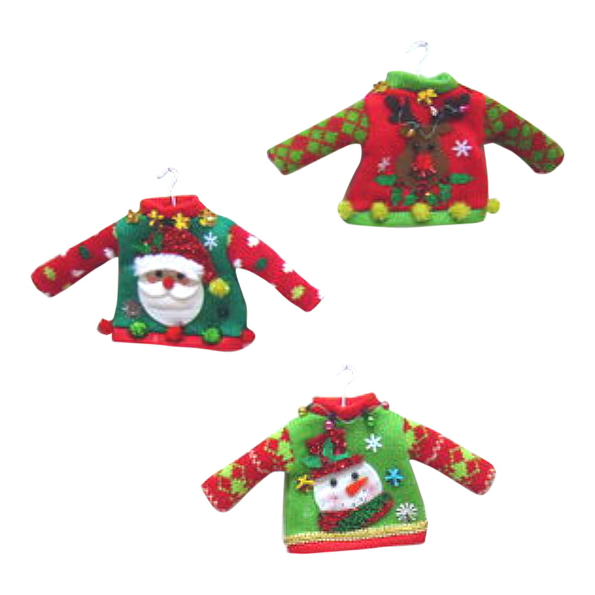 Tacky Sweaters Santa Snowman Reindeer Set of 3 Christmas Ornaments Elf Size