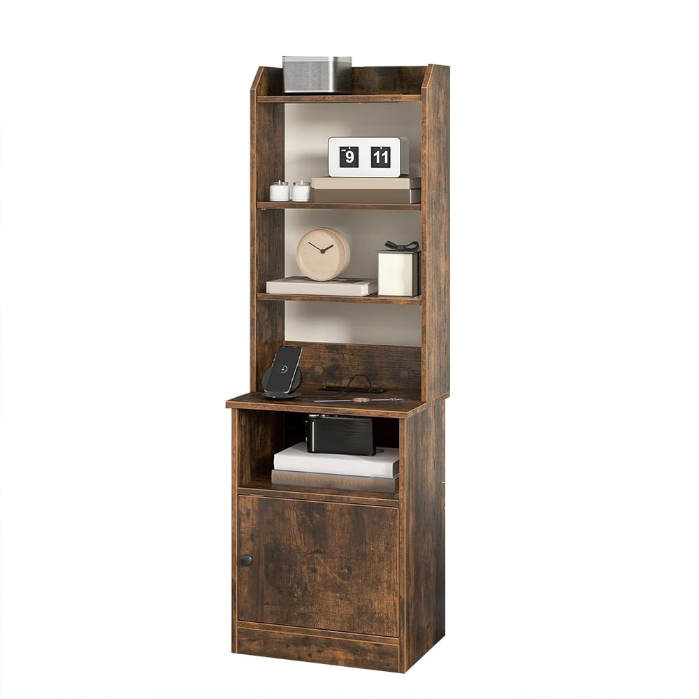 Tall Nightstand with Charging Station, Bedside Table with Adjustable Open Shelves, Storage Cabinet, Sofa Side Table, End Table with Bookcase for Bedroom, Study, Brown