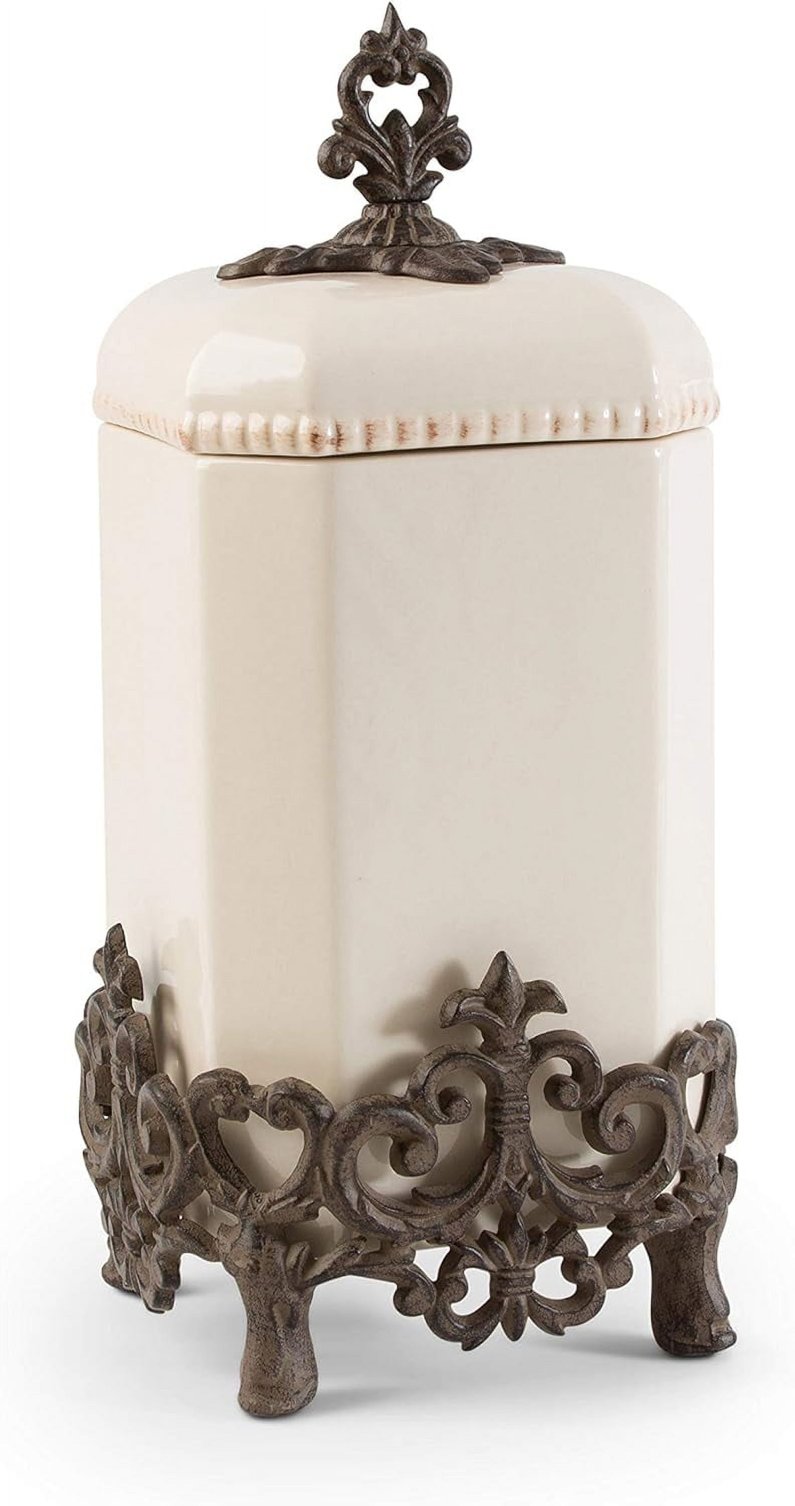 16-Inch Tall Provencial Cream Canister with Brown Metal Scrolled Base