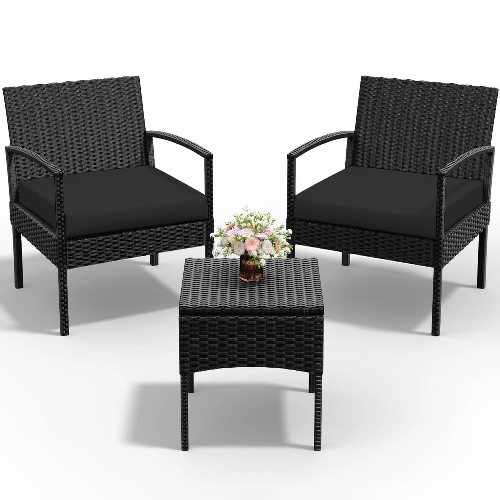 Tappio Outdoor Furniture 3 Piece Patio Bistro Furniture Set, Rattan Conversation Chairs Set with Side Table and Cushions, Patio Furniture Sets for Balcony Garden Porch, Black