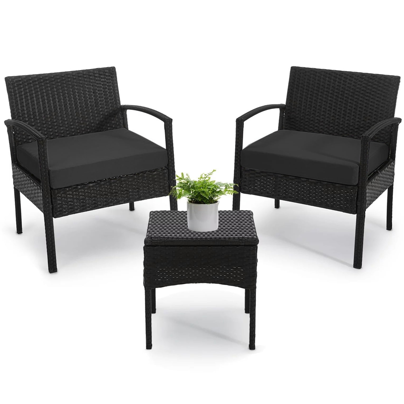 Tappio Outdoor Furniture 3 Piece Patio Bistro Furniture Set, Rattan Conversation Chairs Set with Side Table and Cushions, Patio Furniture Sets for Balcony Garden Porch, Black
