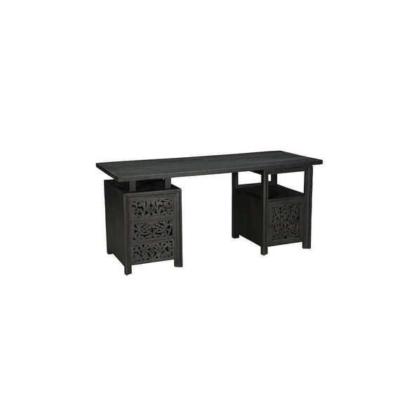 Taran Designs Fillian 3-drawer 1-door Floral Carved Solid Wood Desk in Black