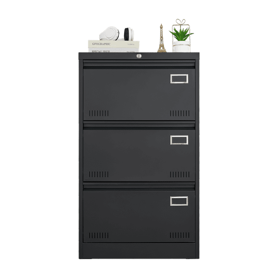 Black 3-Drawer Lockable Metal Lateral File Cabinet
