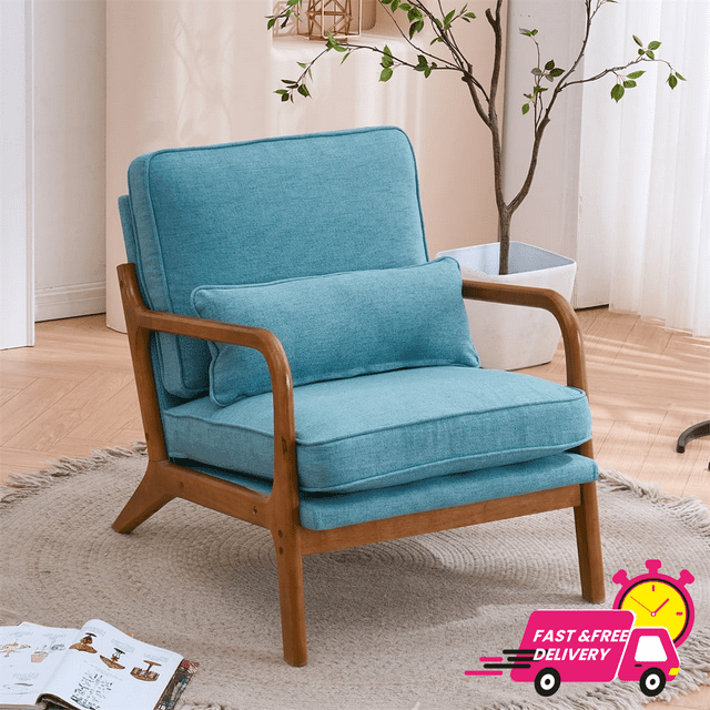 Tcbosik Accent Upholstered Chair with Backrest and Armrest, Wooden Reading Armchair with Pillow for Living Room Studio Office Couch, Teal