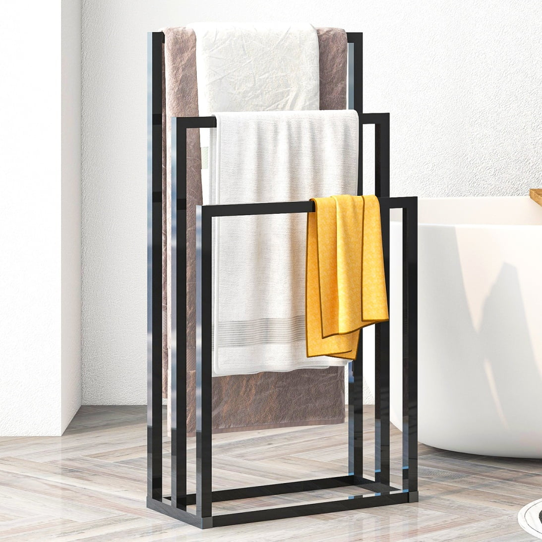 Gzxs 3-Tier Metal Towel Rack Modern Freestanding Towel Rack, Bathroom Metal Storage Towel Rack, Black
