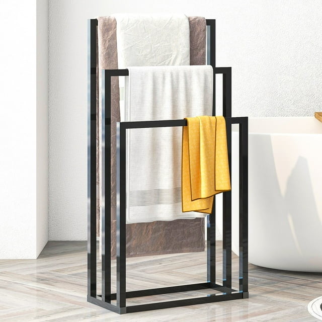 Gzxs 3-Tier Metal Towel Rack Modern Freestanding Towel Rack, Bathroom Metal Storage Towel Rack, Black