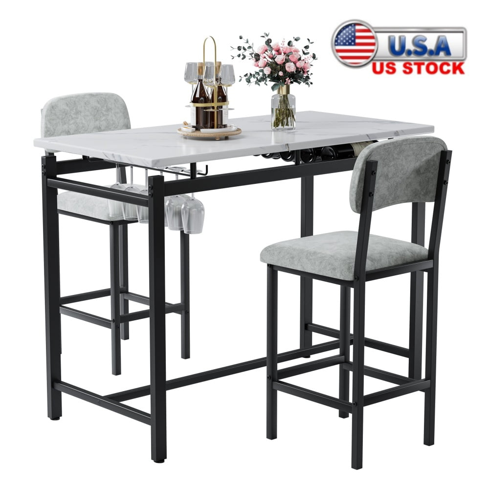 Counter Height Dining Set for 2, 3 Piece Bar Table Set of 3, Kitchen Dining Set with Back 2 Chairs, Modern PubTable and Stools Set, Small Breakfast Nook Table and Chairs Set, Gray