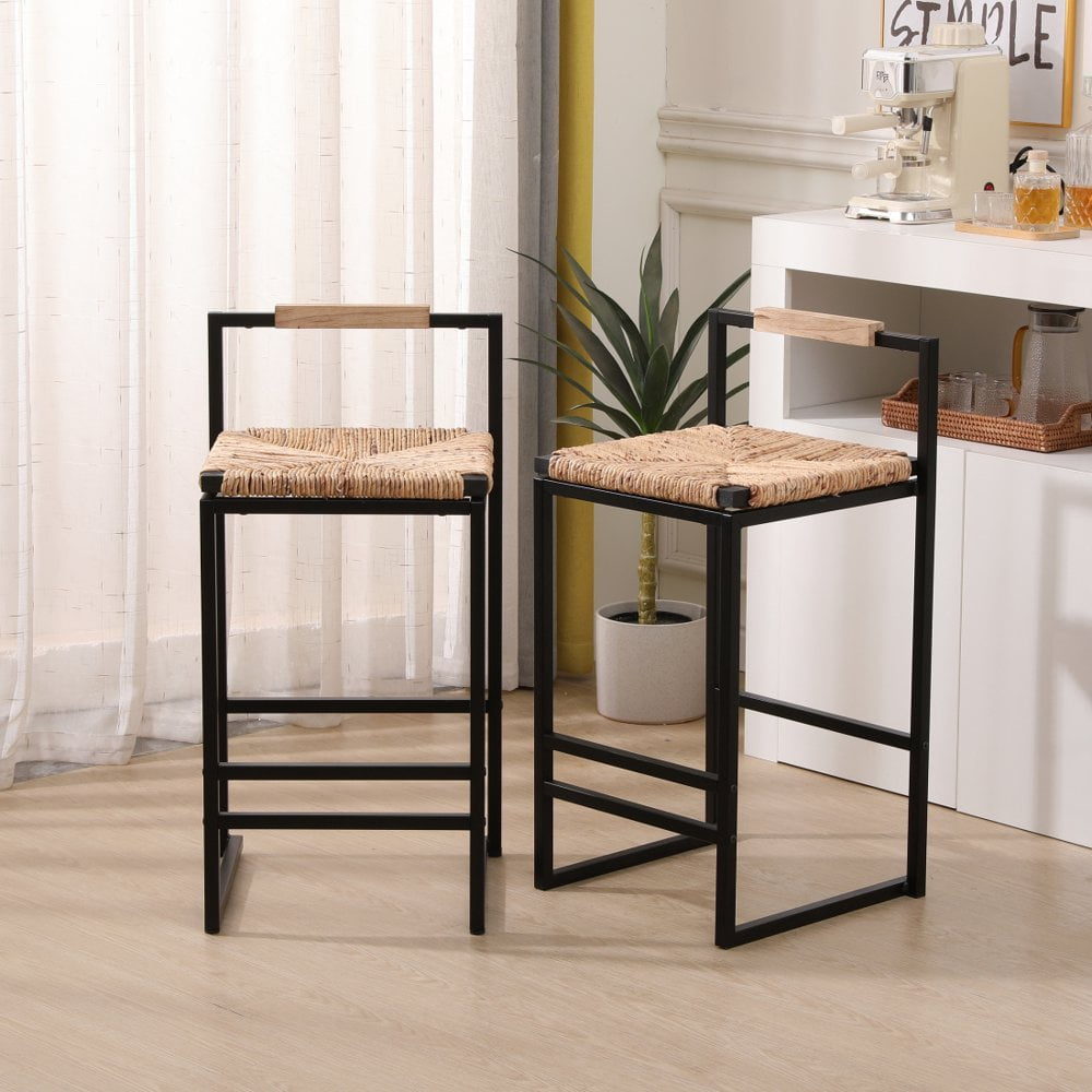 Set of 2 Black Metal Bar Stools with Natural Woven Seats