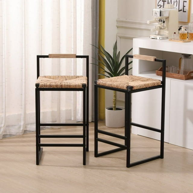 Set of 2 Black Metal Bar Stools with Natural Woven Seats