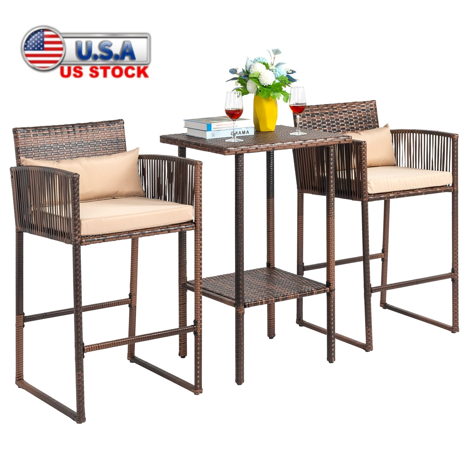 Tcbosik Outdoor 3 Piece Patio Bar Set, Rattan High Bar Stools for 2 with Cushions, Armrest and Backrest, Wicker Bar Table with Storage Shelf, Brown
