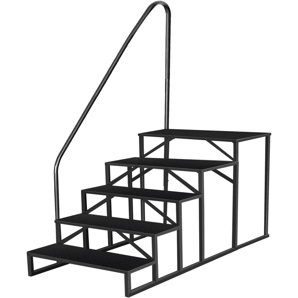 Tcbosik RV Steps with Handrail, 5 Steps Ladder Hot Tub Steps, Portable Stairs Step with Anti-Slip Panel, Heavy Duty Metal Mobile Home Stairs for Outdoor RV Step, Camper Trailer, Black
