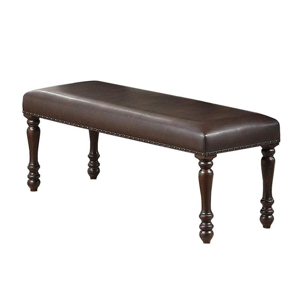 Nailhead Trim Faux Leather Dining Bench with Turned Legs Brown - Saltoro Sherpi