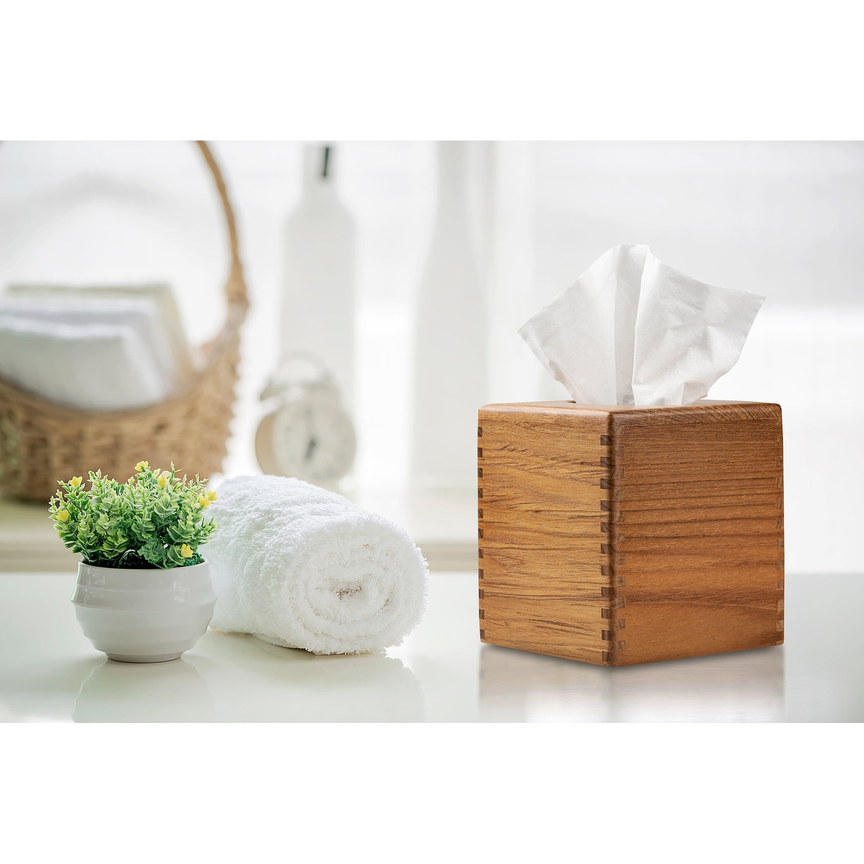 Teak Tissue Box Cover - 5-1/4" W x 5-5/8" H x 5-1/4" D
