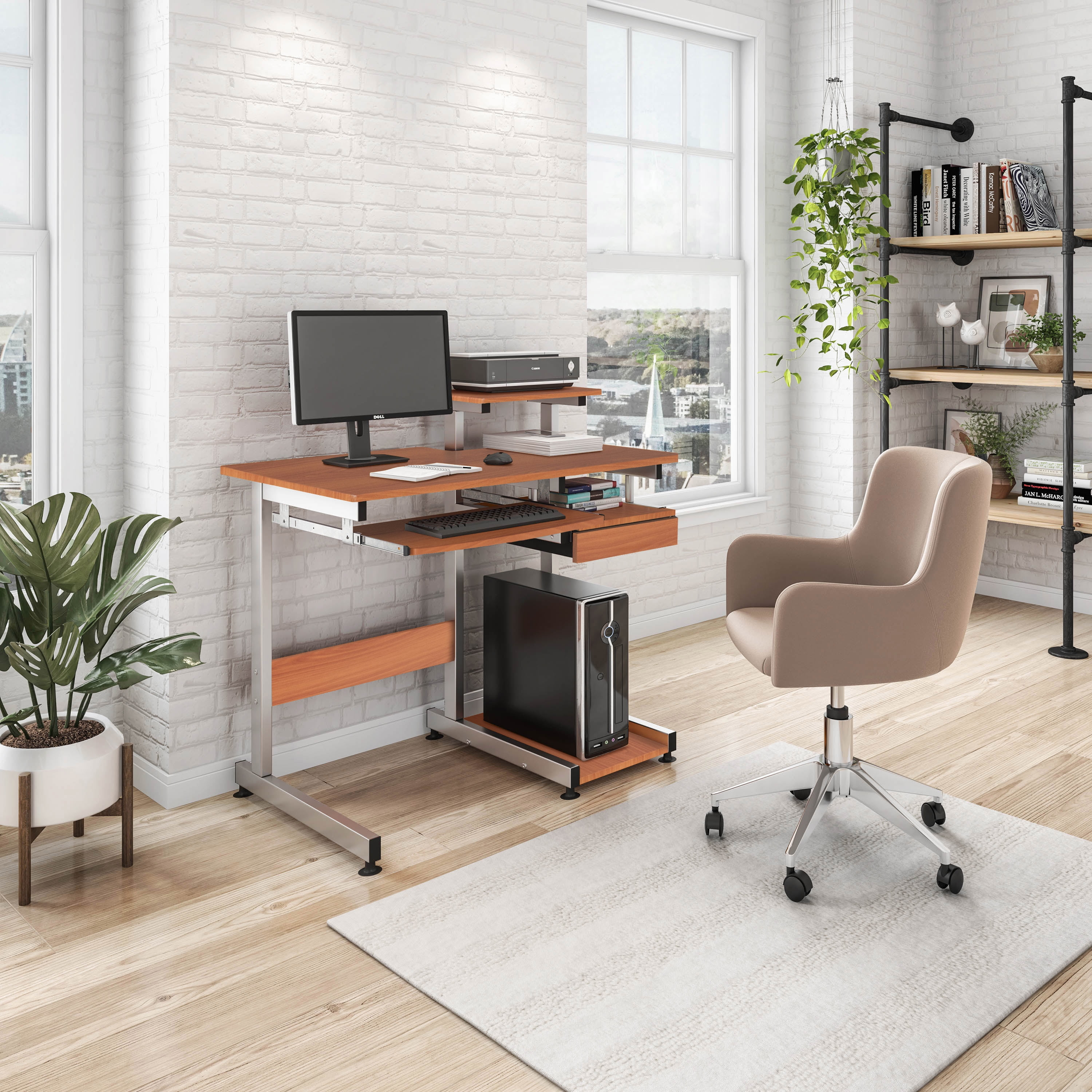 Techni Mobili Complete Computer Workstation Desk, Scratch Resistant Steel Legs, Woodgrain RTA-2706A-WG01