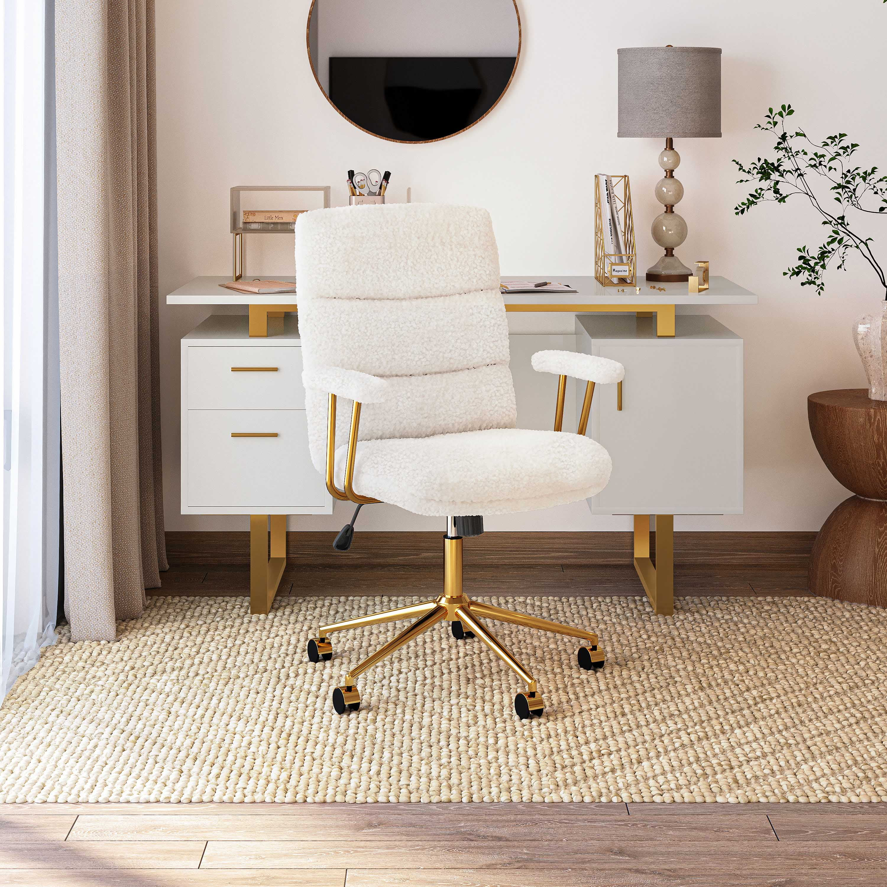Techni Mobili Elegant Textured Boucle White and Gold Office Chair