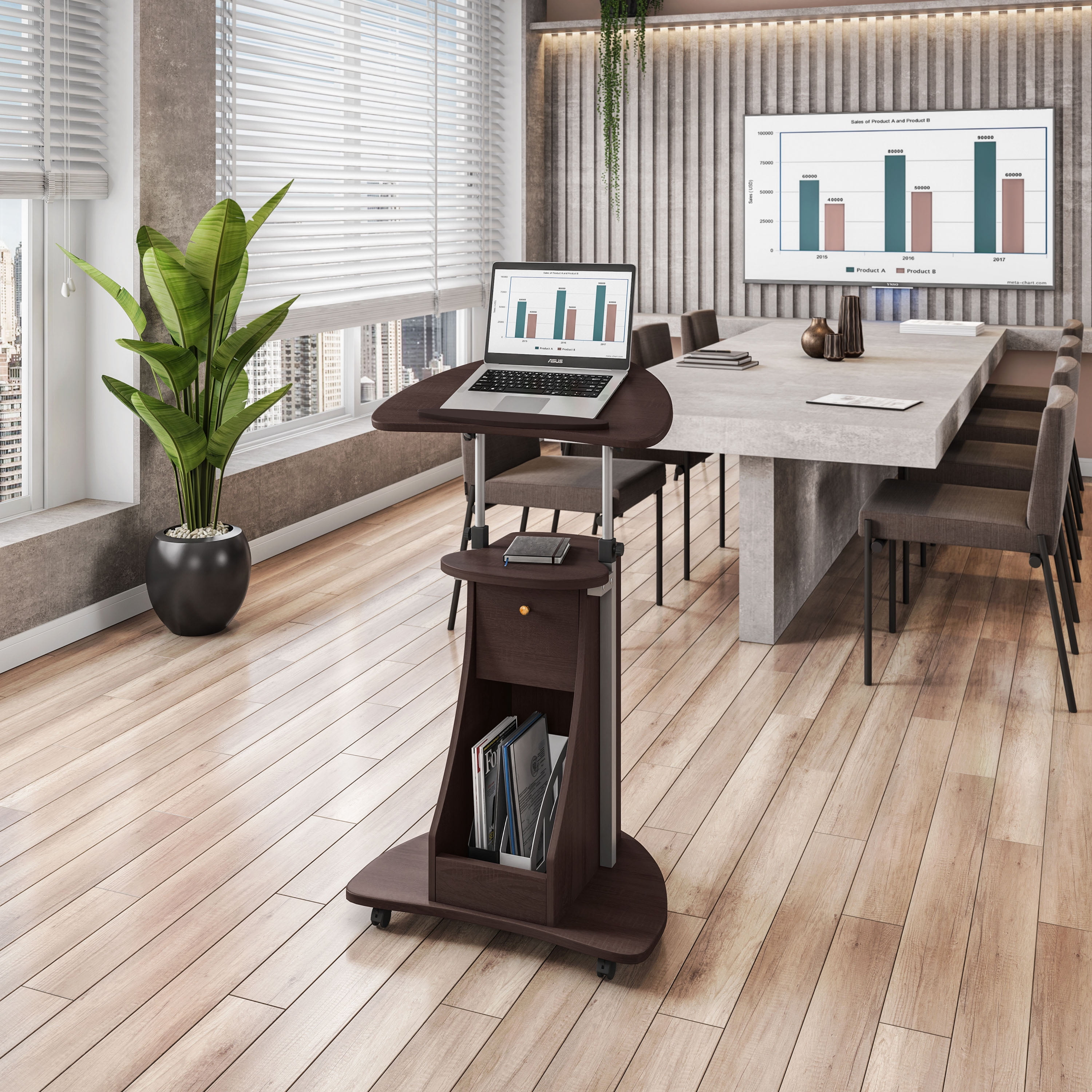 Techni Mobili Sit-to-Stand Rolling Adjustable Laptop Cart With Storage, Chocolate, RTA-B005-CH36