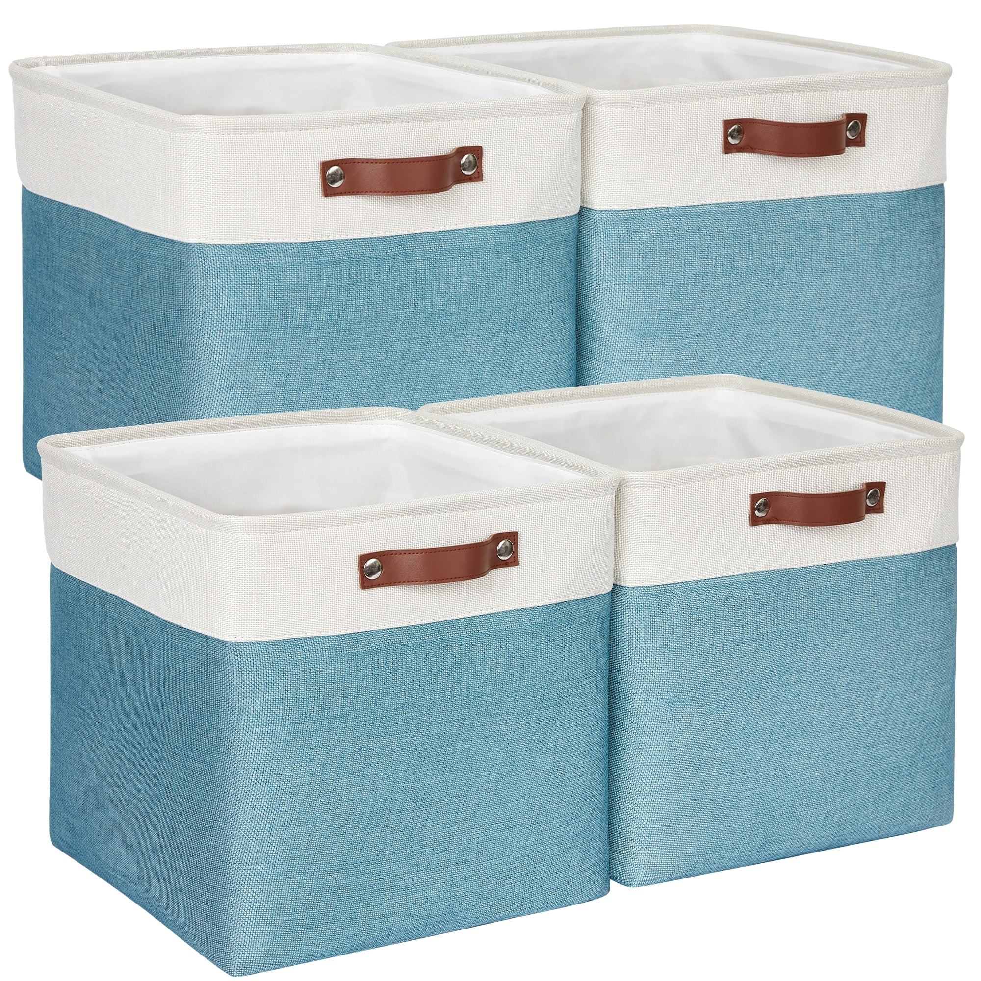 Tegance 13x13 Storage Cubes Baskets 4 Pack Fabric Cube Storage Bins Large Storage Baskets with Leather Handles,Decorative Storage Boxes for Organizing Shelves(WhiteGreen)