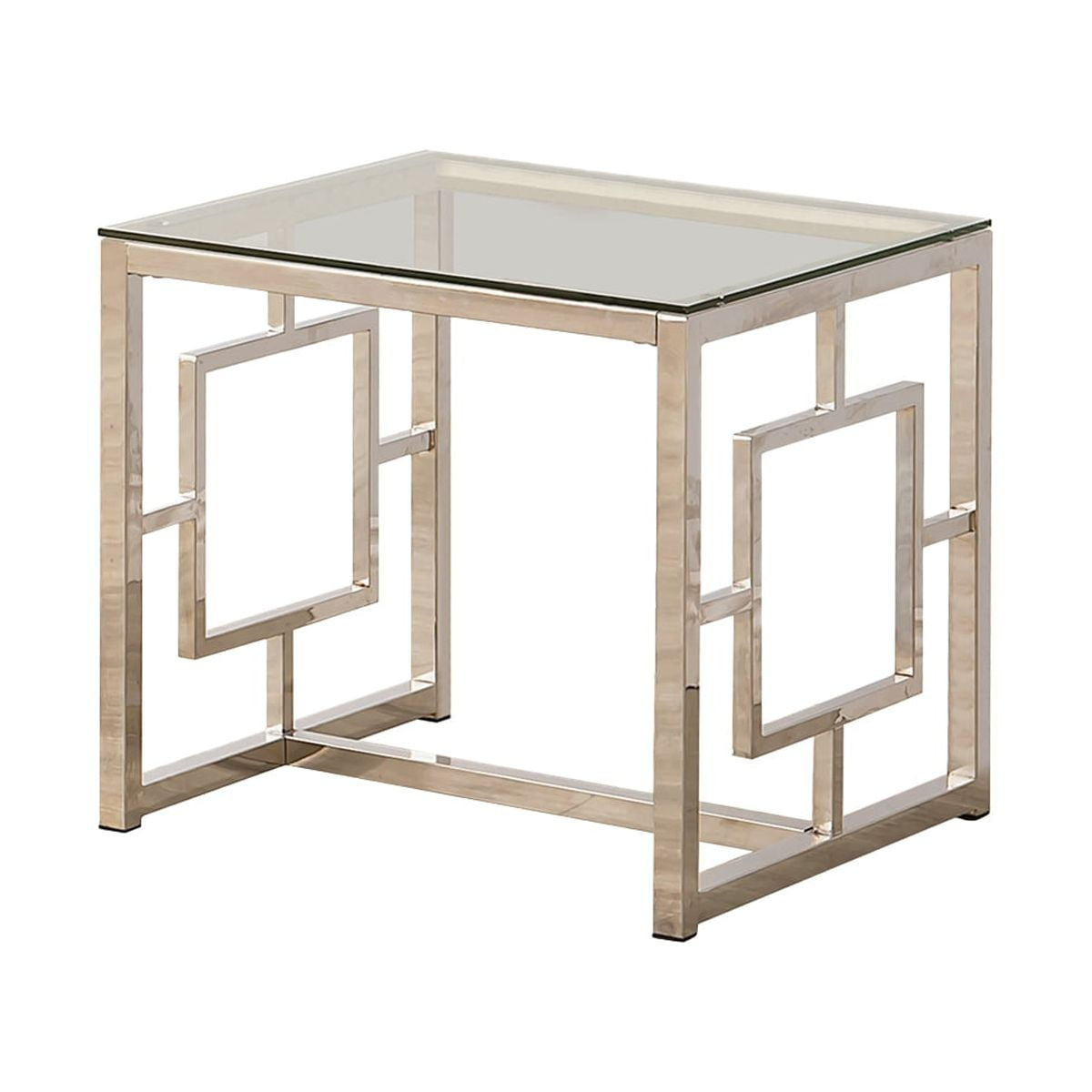Benjara Tempered Glass Top End Table with Lattice Cut Out Panels, Silver and Clear