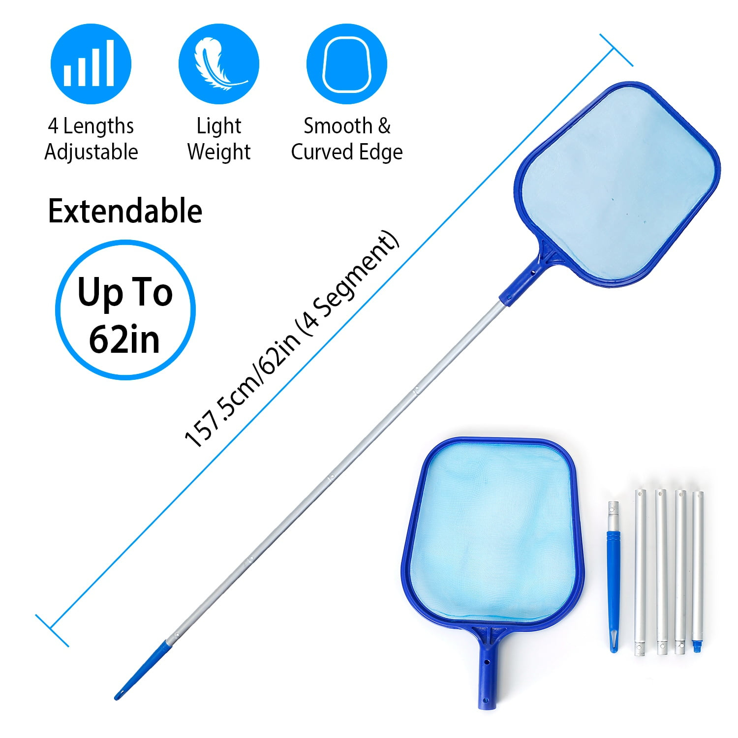 LakeForest "Pool Skimmer Cleaner Mesh Net with Telescopic Pole for Leaf Raking, Debris Removal for Pools & Spas" Blue
