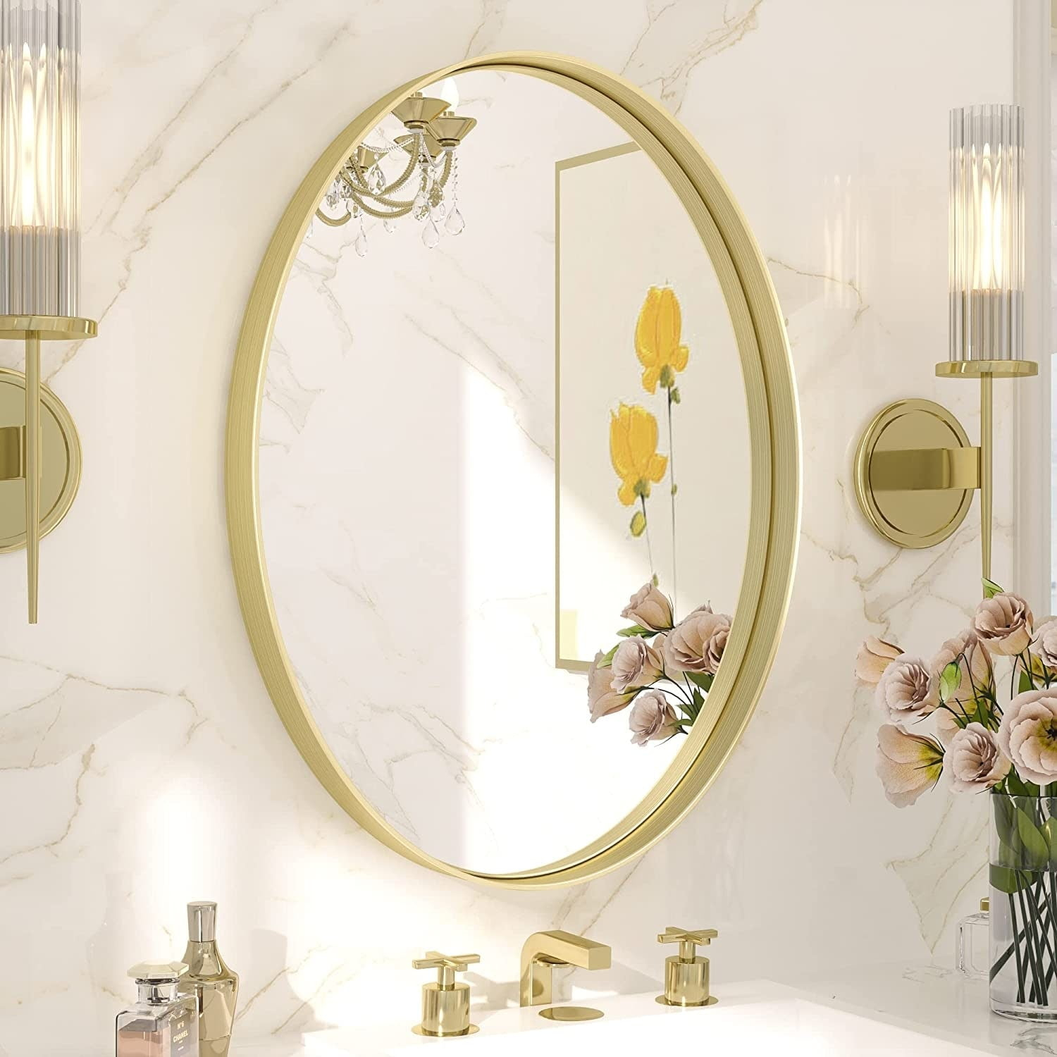 22"\u00d730" Gold Oval Mirror, Oval Bathroom Mirror for Wall, Vanity Mirror, Entryway, Living Room, Wall Mount Mirrors, Hangs Vertical or Horizontal