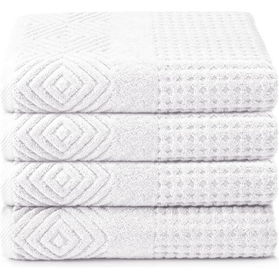 Texere 100% Organic Cotton Diamond Jacquard 700 GSM Luxury Bath Towel Sets - Ultra Soft and Absorbent Hotel and Spa Quality (Diamond, Bright White, 4 Bath Towels)