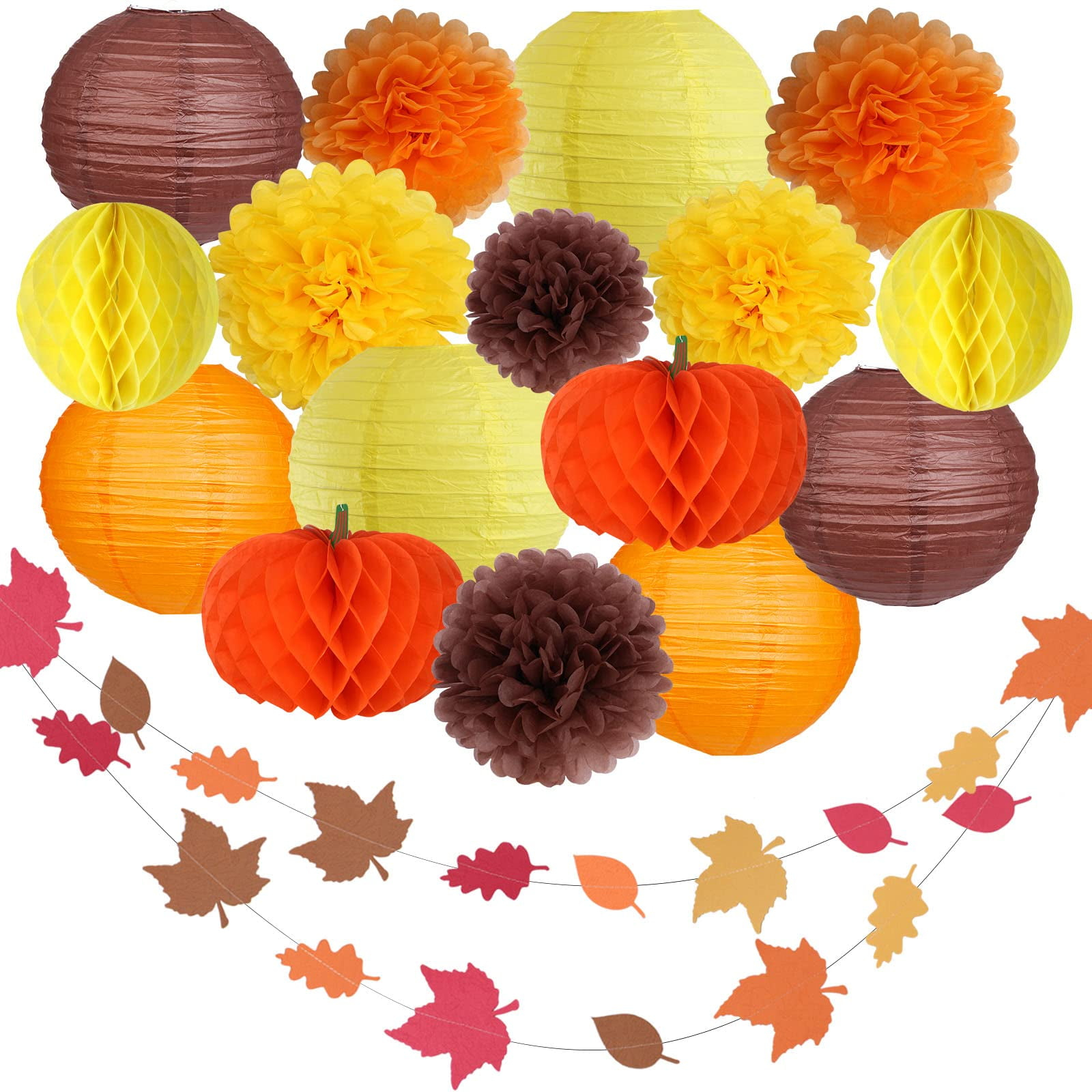 Thanksgiving Party Decorations Supplies Kit Hanging Paper Lantern Tissue Honeycomb Ball Pom Poms Flowers Pumpkins Maple Leaf Garland for Fall Birthday Baby Showers Home Decor Indoor Outdoor E11