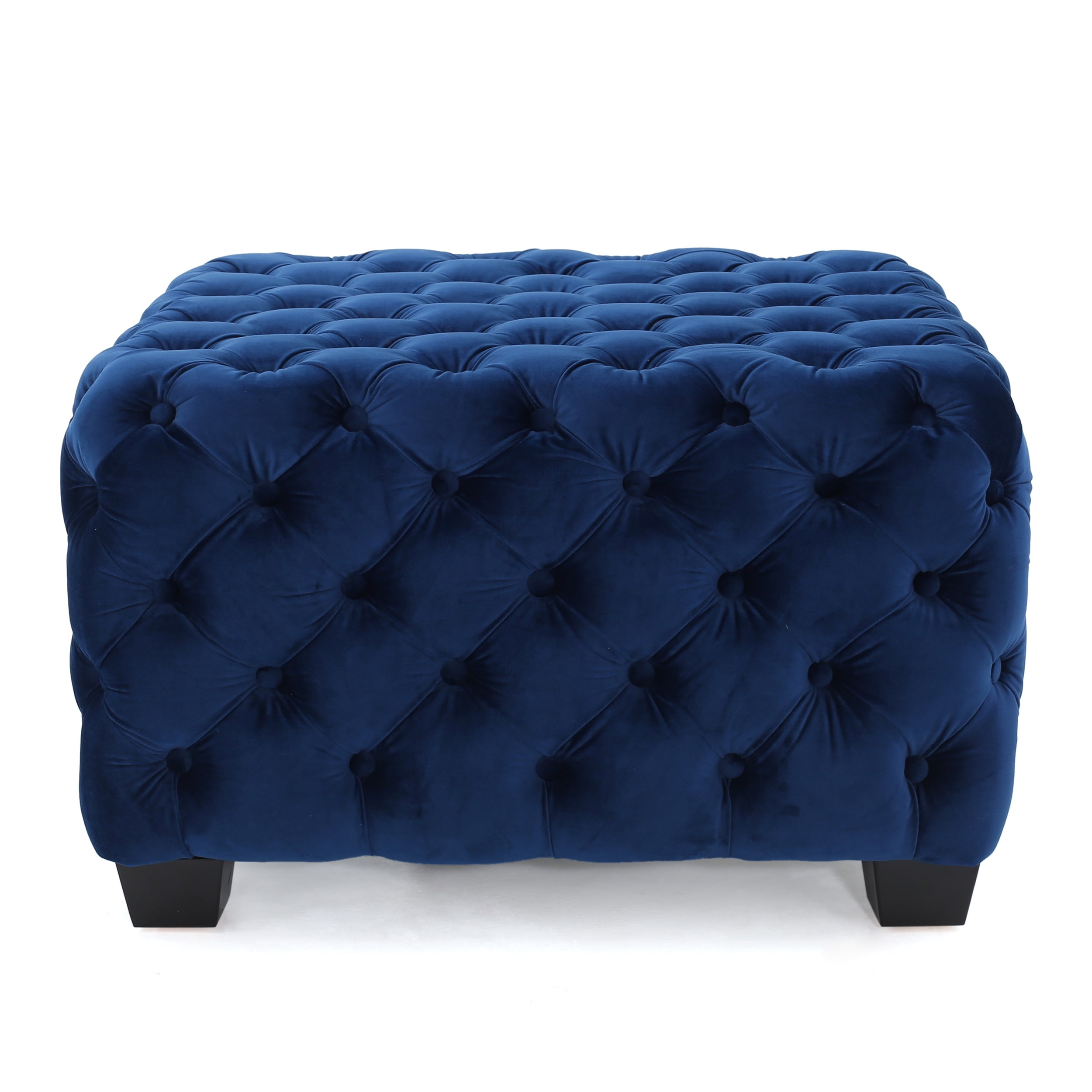 Thaurin Modern Glam Button Tufted Velvet Ottoman, Navy Blue and Dark Brown
