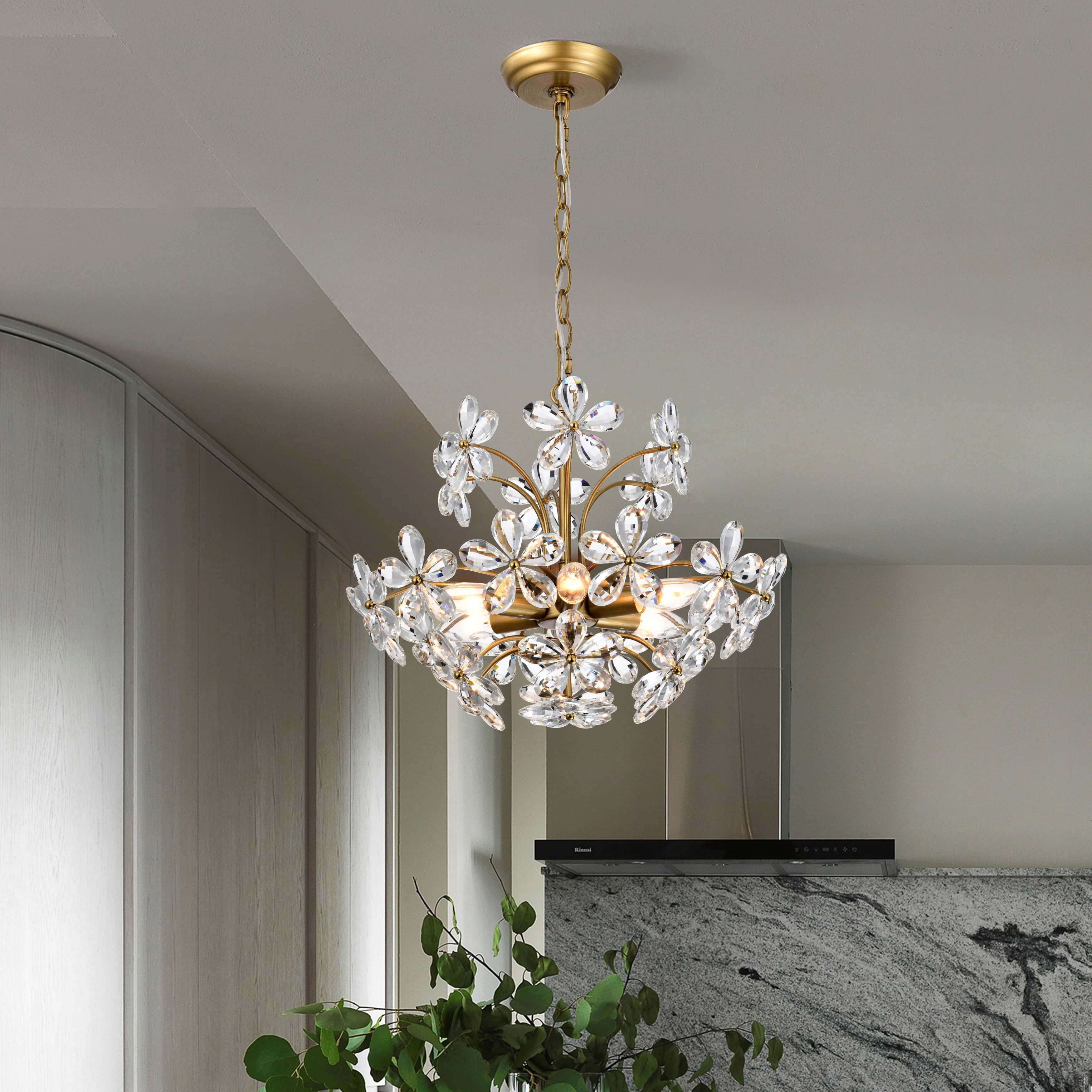 The Lighting Store Rosa 6-Light Brushed Brass Finish Crystal Glass Flower Chandelier - 17.7 inches in diameter x 15 inches H