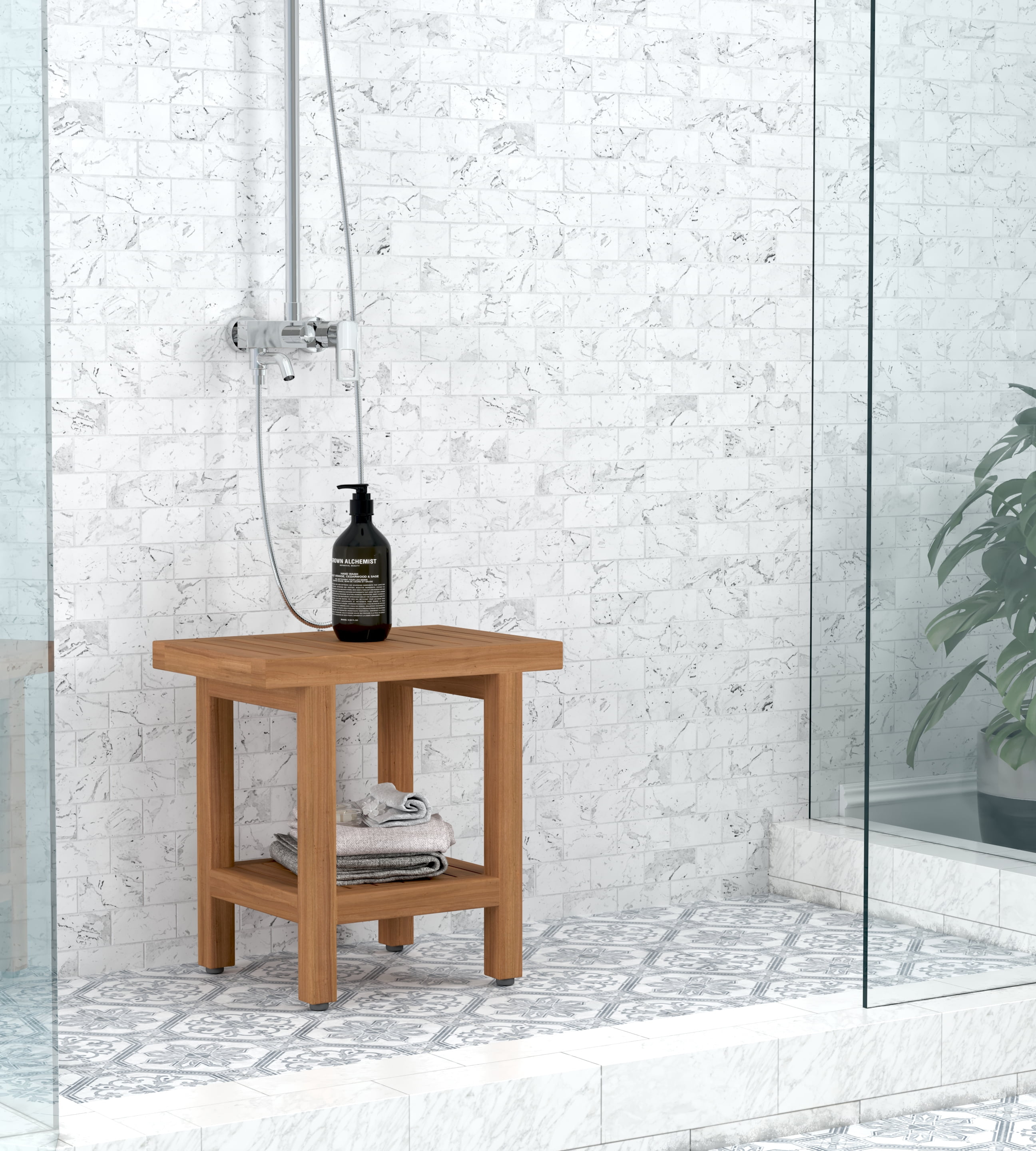 AquaTeak The Original Spa Teak Shower Bench 18" Wide with Shelf - Teak Oil