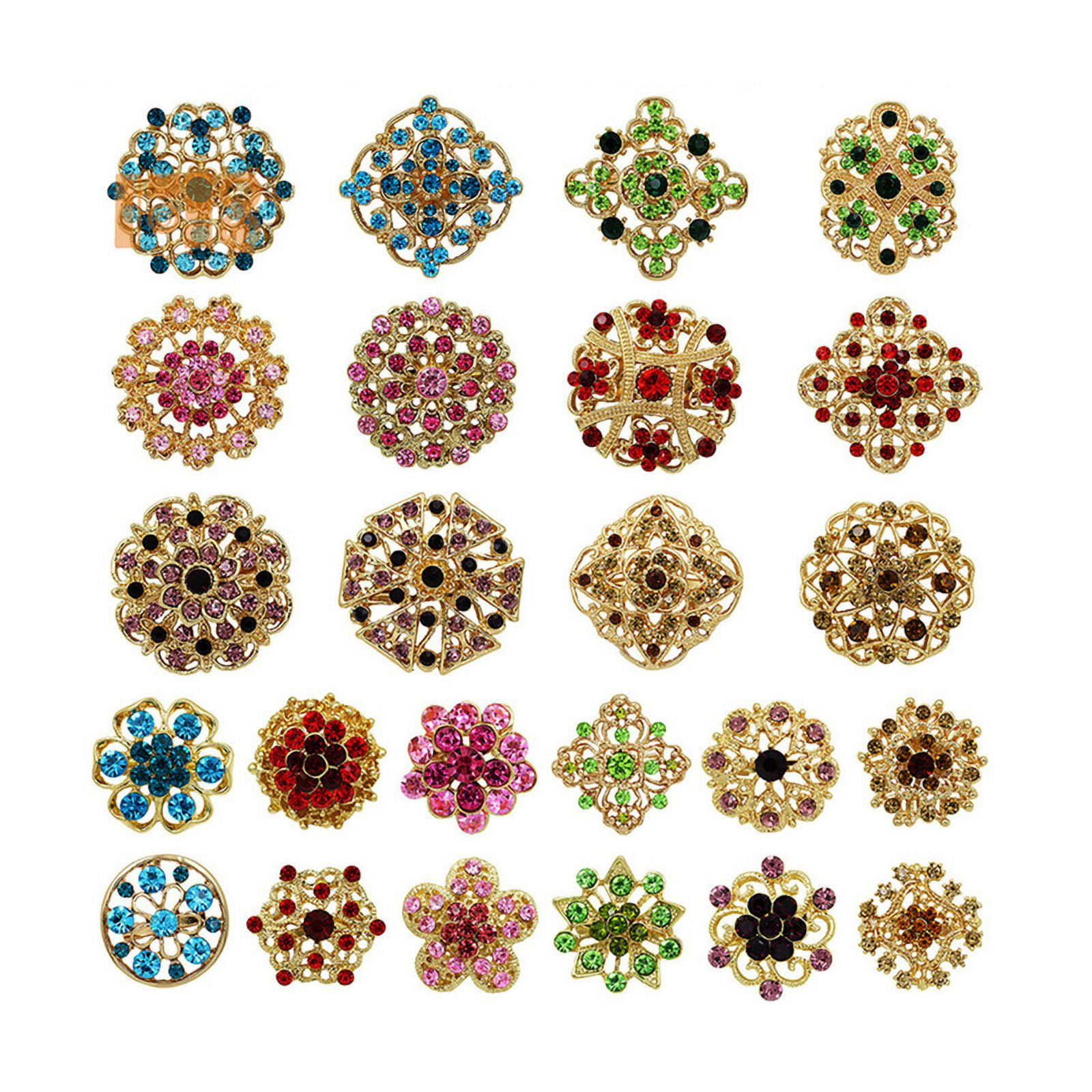The Perfect Part Pack of 24 Rhinestone Crystal Flower Brooch Pins, Vintage Jewelry Colorful Crystal Flower Brooches for Women