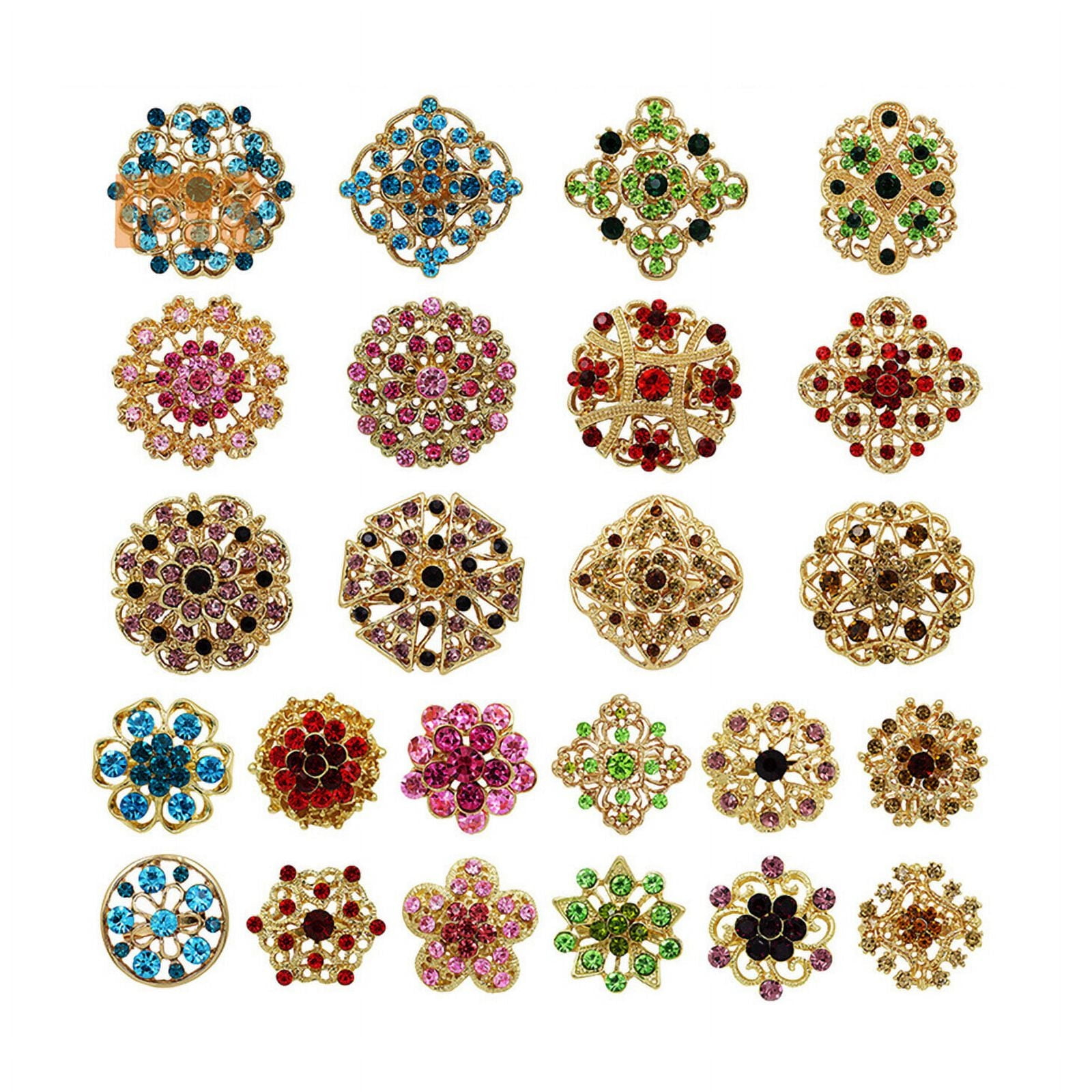 The Perfect Part Pack of 24 Rhinestone Crystal Flower Brooch Pins, Vintage Jewelry Colorful Crystal Flower Brooches for Women