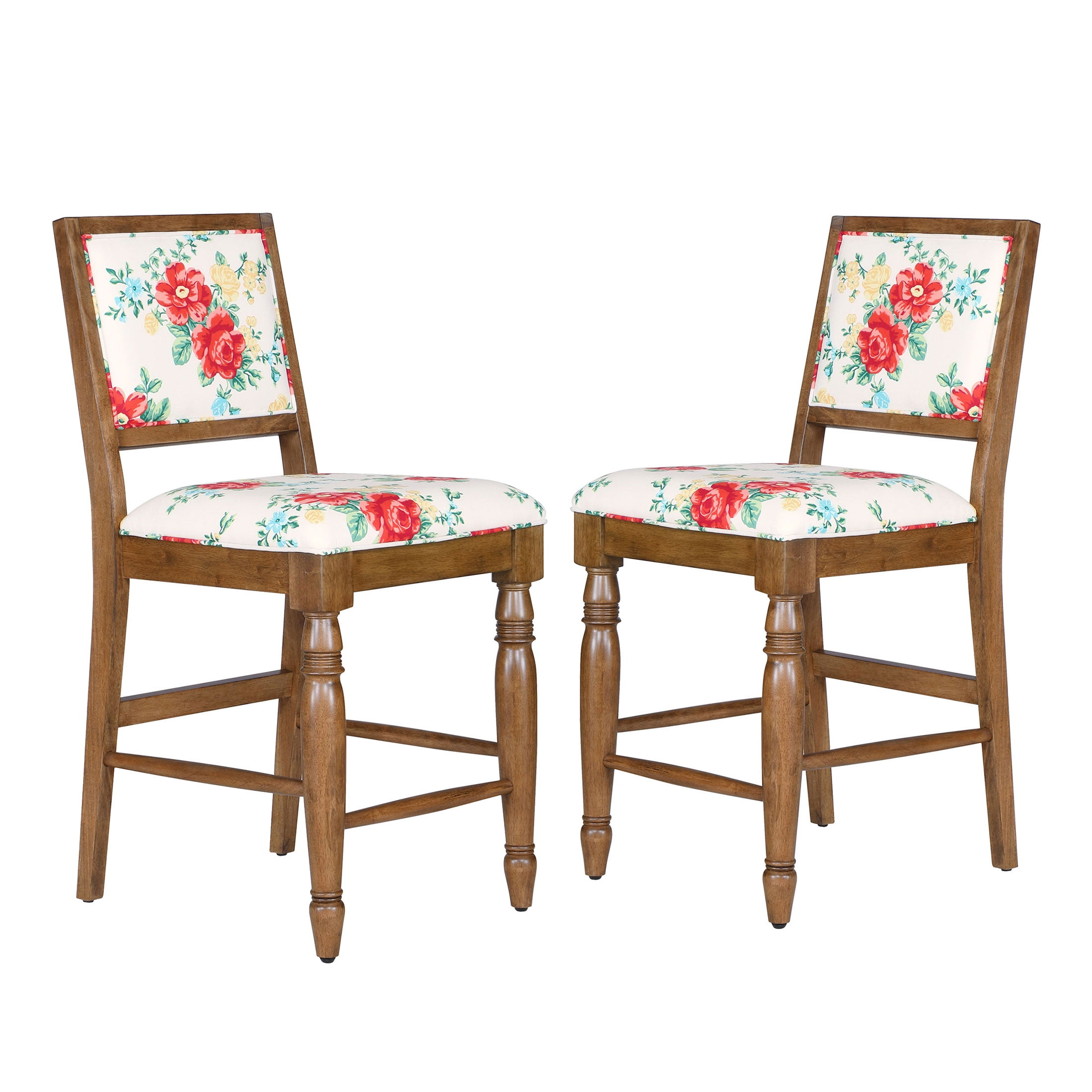 The Pioneer Woman Callie Vintage Round Floral Design Back Seat Bar Stool, Brown (Set of 2)