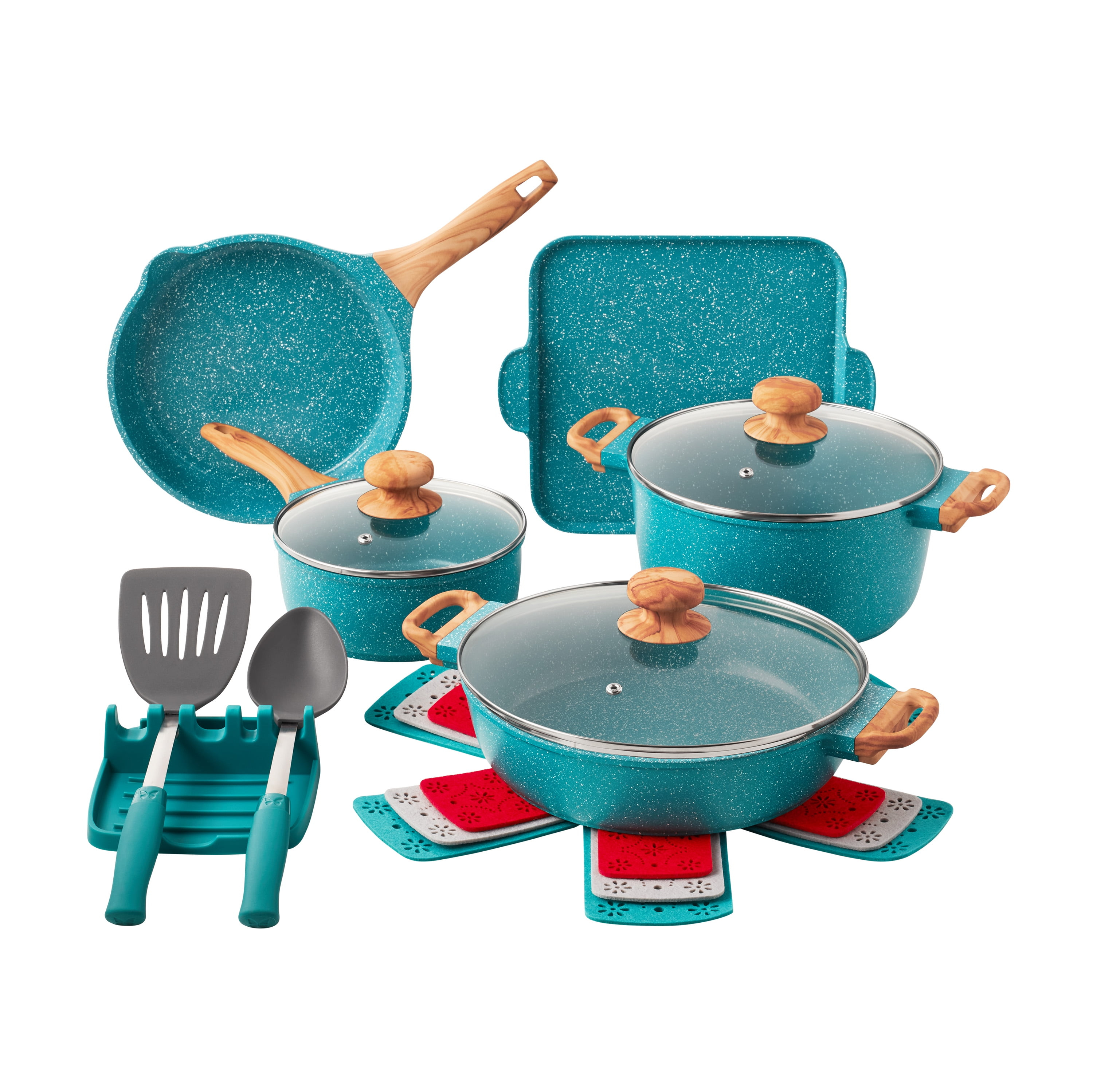 The Pioneer Woman Prairie Signature Juego de Utensilios de Cocina de Aluminio Fundido de 14 Piezas, Color Turquesa con Motas