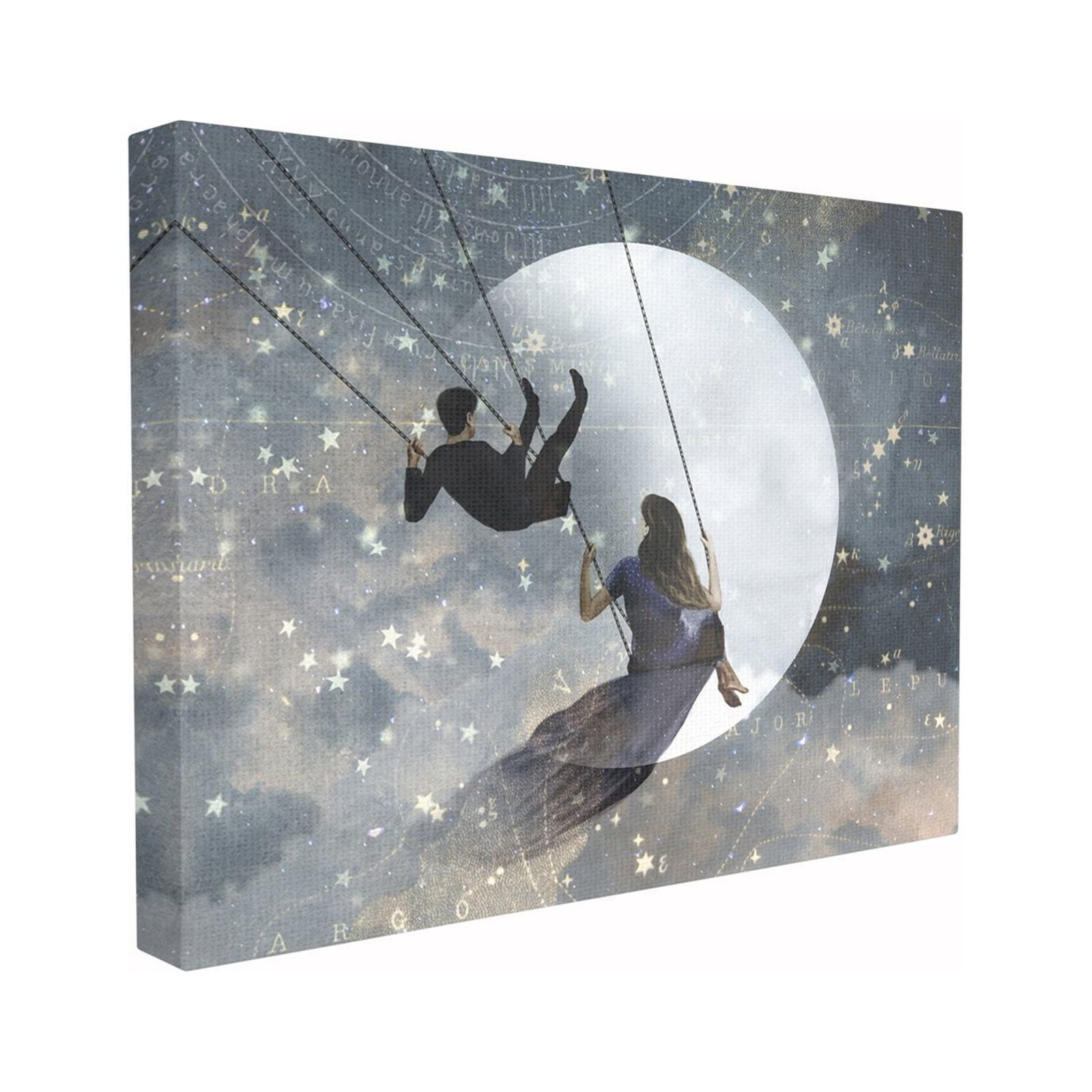 The Stupell Home Decor Collection Grey and Blue Celestial Love Sky Swinging by the Full Moon and Stars Stretched Canvas Wall Art, 16 x 1.5 x 20