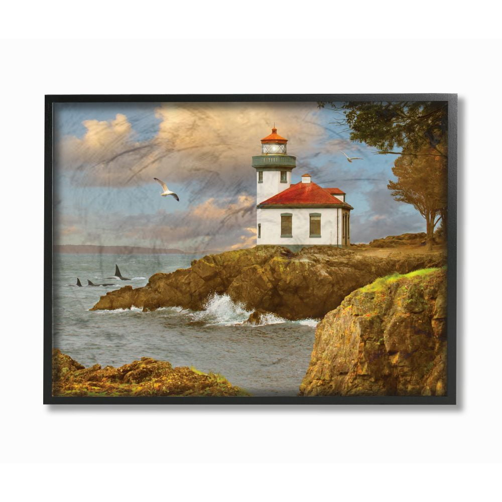 The Stupell Home Decor Collection Lime Kiln Cliff Side Ocean Wave Lighthouse with Whale Fins and Seagull Framed Giclee Texturized Art