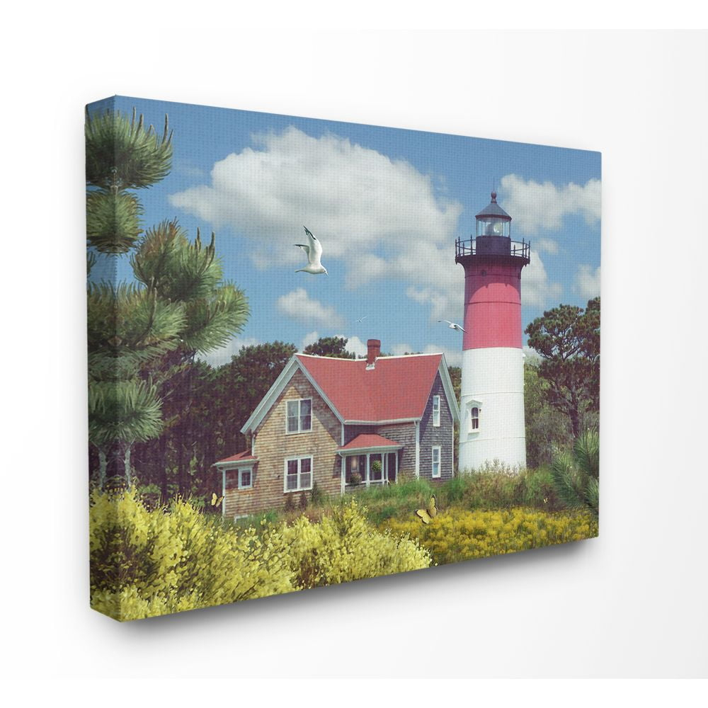 The Stupell Home Decor Collection Nauset Lighthouse Forest and Fields Scene with Seagull Canvas Wall Art
