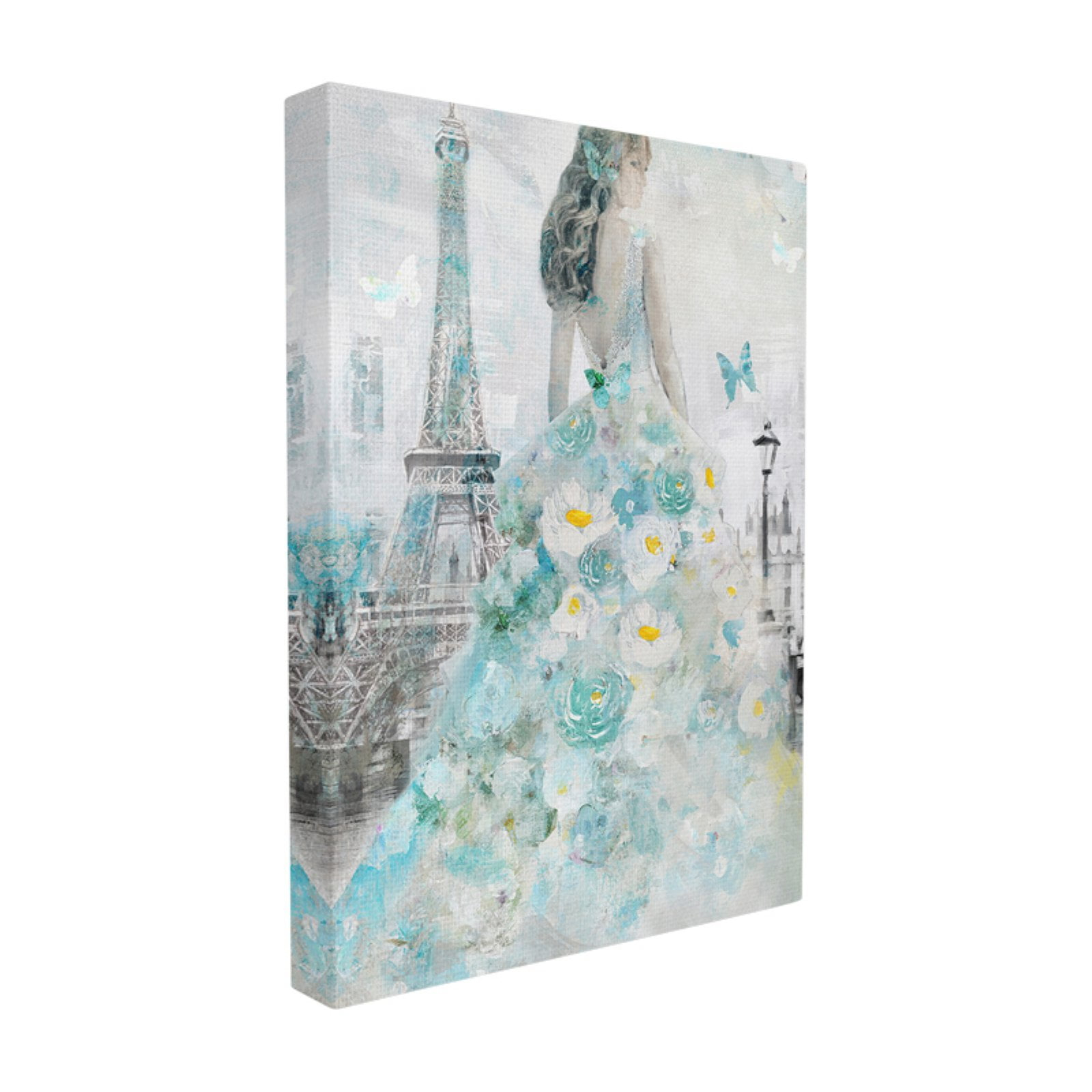 The Stupell Home Decor Collection Parisian Woman with Butterfly and Blue Floral Dress Painting Oversized Stretched Canvas Wall Art, 24 x 1.5 x 30