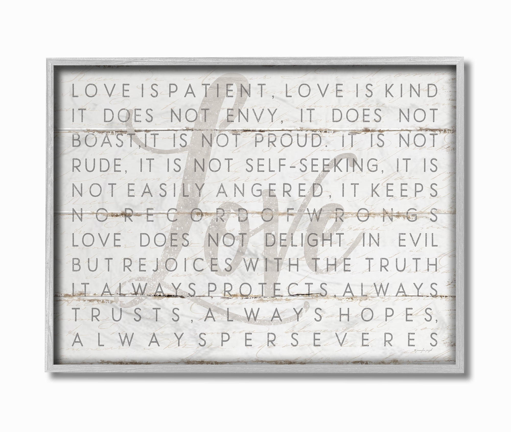 The Stupell Home Decor Love Is Patient Grey on White Planked Look Gray Framed Texturized Art