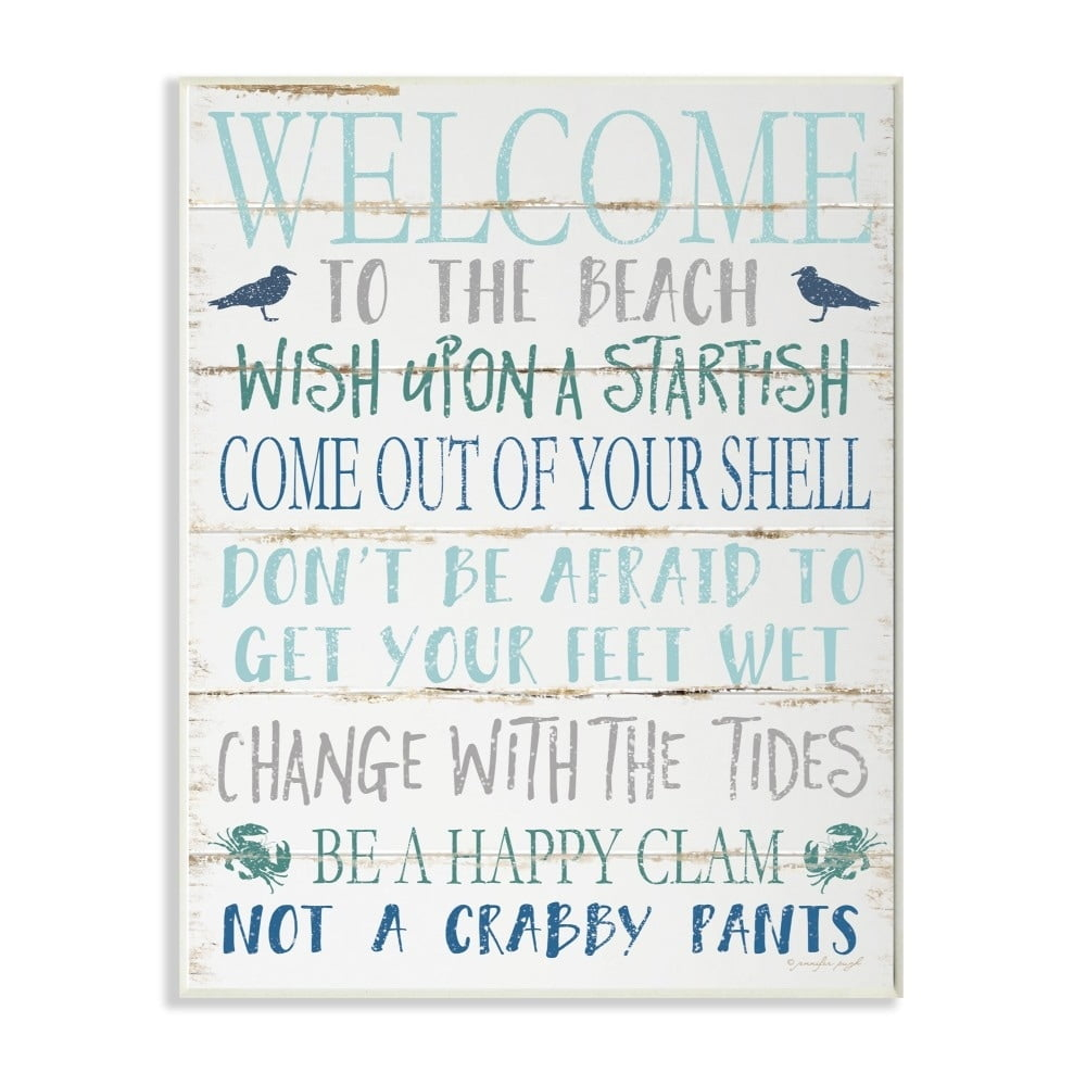 The Stupell Home Decor Welcome to the Beach Blue Aqua and White Planked Look Sign