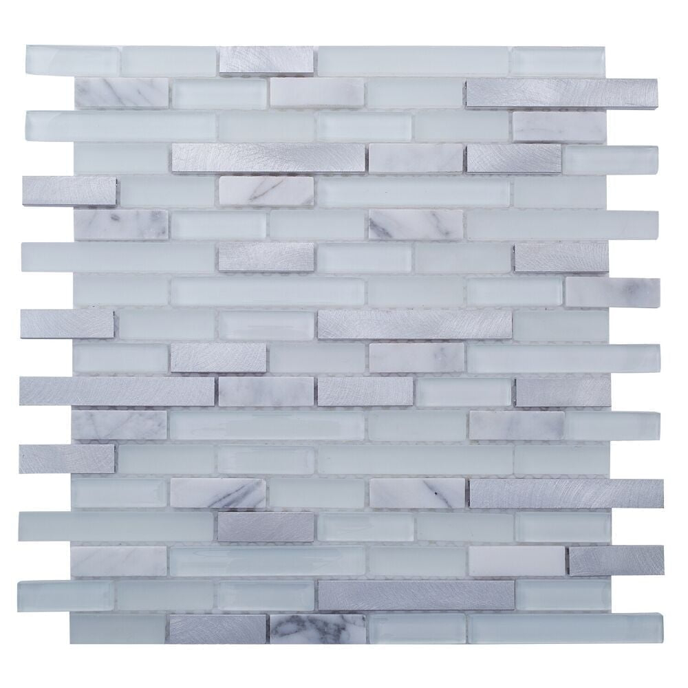 The Tile Life Victory Mixed Brick 12x12 Carrara/ Steel Glass Backsplash Wall - 4x4 Sample