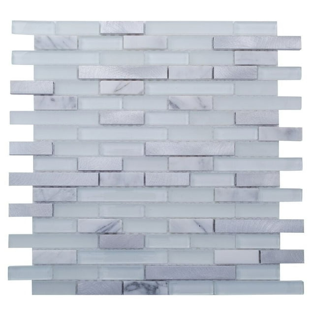 The Tile Life Victory Mixed Brick 12x12 Carrara/ Steel Glass Backsplash Wall - 4x4 Sample