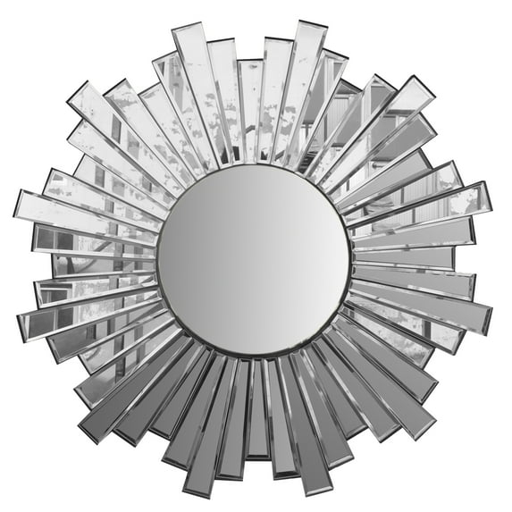 28 Inch Round Floating Wall Mirror with Sunburst Design Frame, Silver - Saltoro Sherpi
