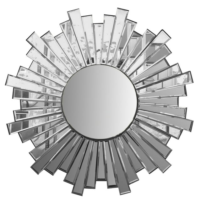 28 Inch Round Floating Wall Mirror with Sunburst Design Frame, Silver - Saltoro Sherpi