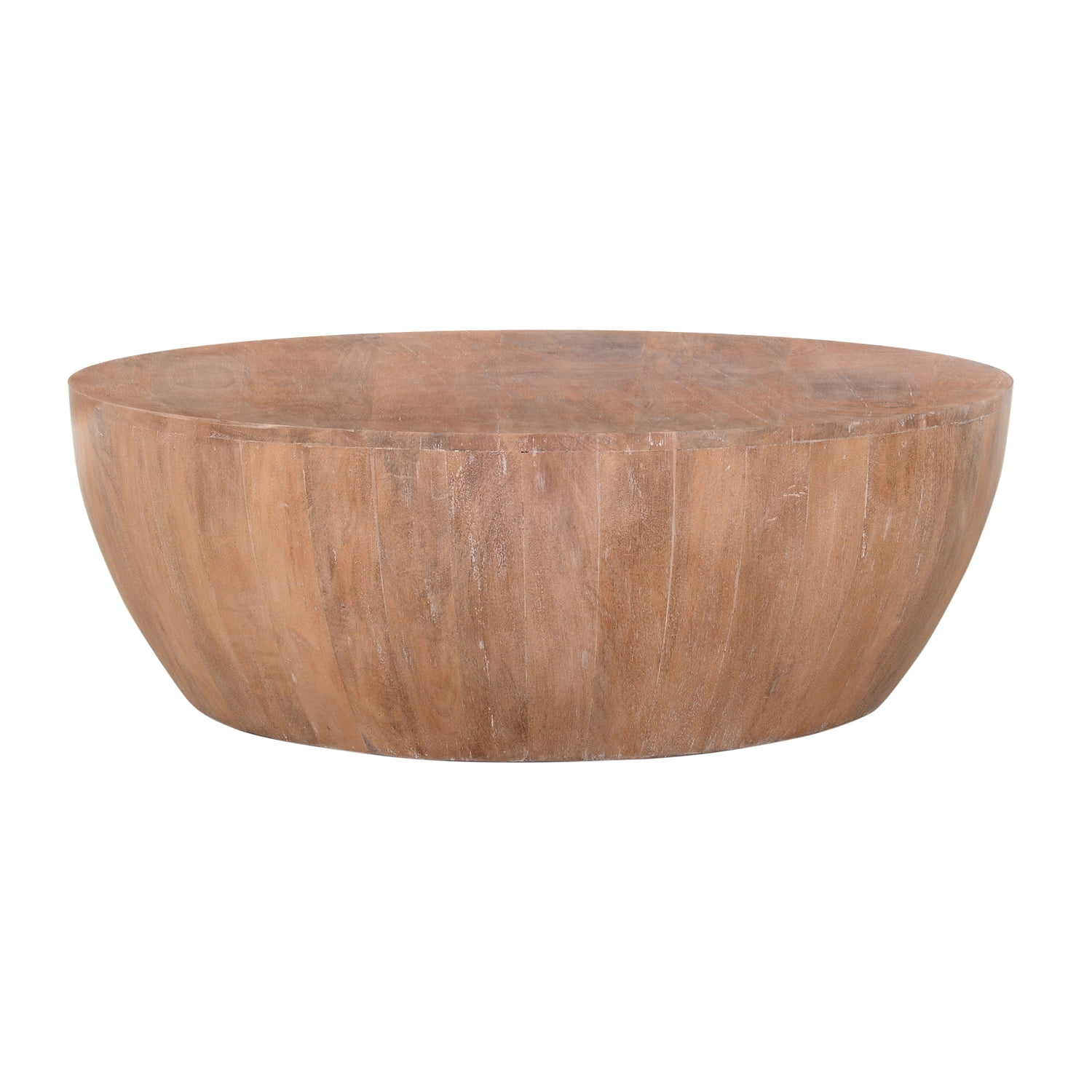 The Urban Port Drum Shape Wooden Coffee Table with Plank Design Base, Distressed Brown