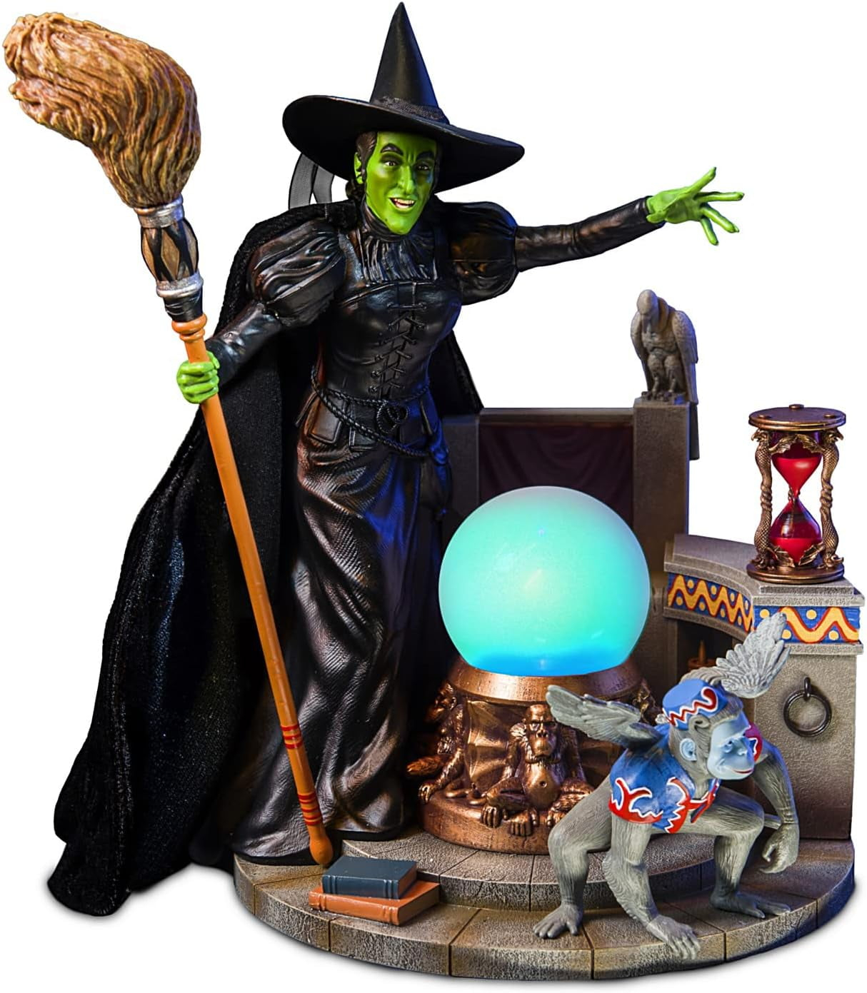The Wizard of OZ Hand-Painted Wicked Witch of The WEST Sculpture with Poseable Fabric Cape, Hour Glass, Flying Monkey and Color-Changing Crystal Ball